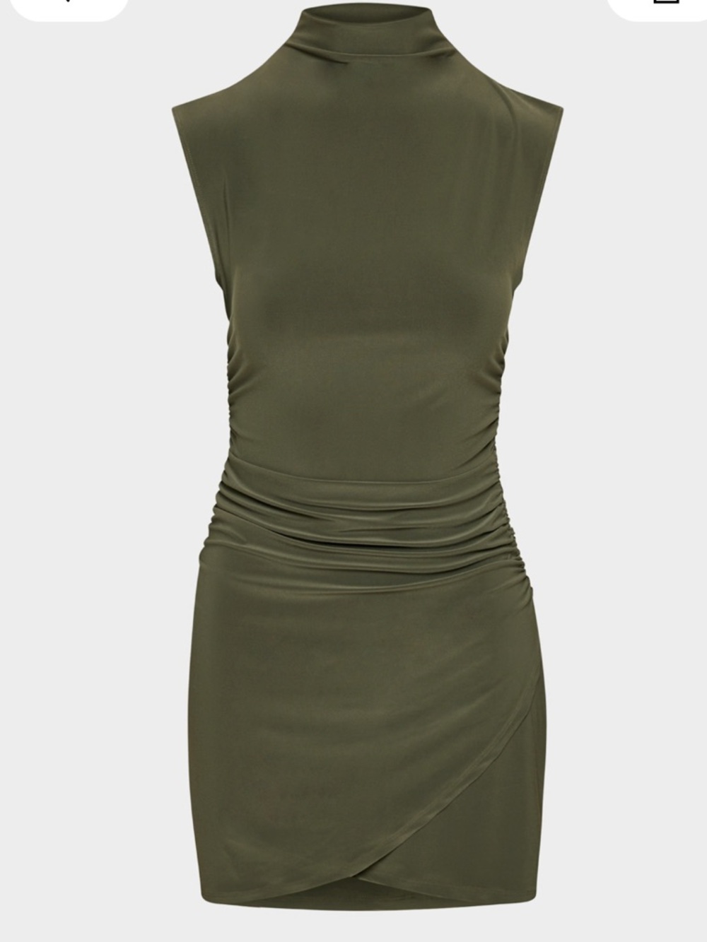 Aritzia Wilfred Boulevard Mockneck Ruched Wrap Mini Dress Olive New NWOT - Picture 8 of 11